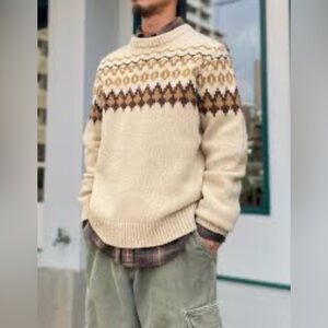 L.L. Bean Classic Beige and Brown Patterned Crewneck Sweater, 100% Lamb Wool